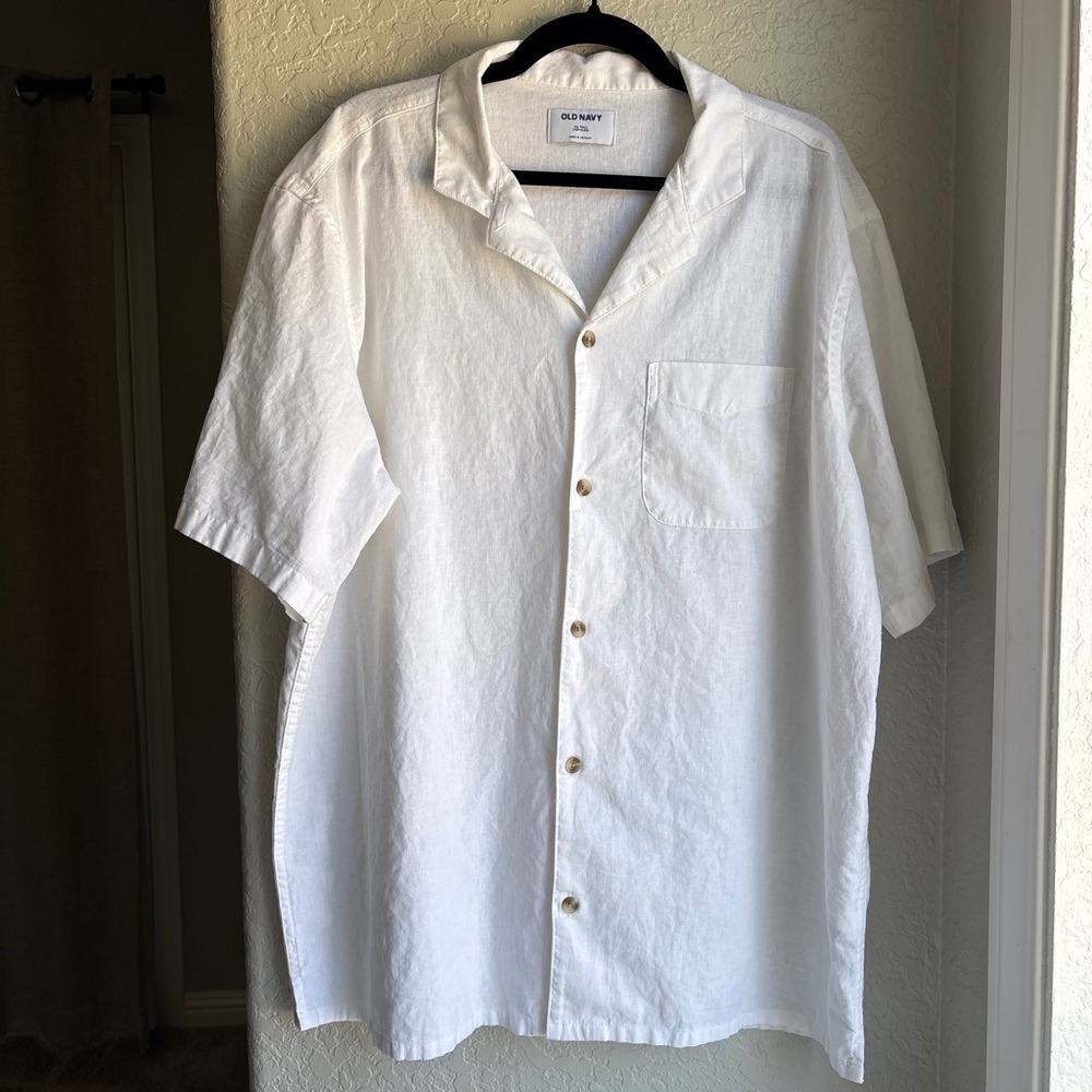 Old Navy Men XL Tall Shirt White Linen Cotton Blend Short Sleeve Coastal Beach